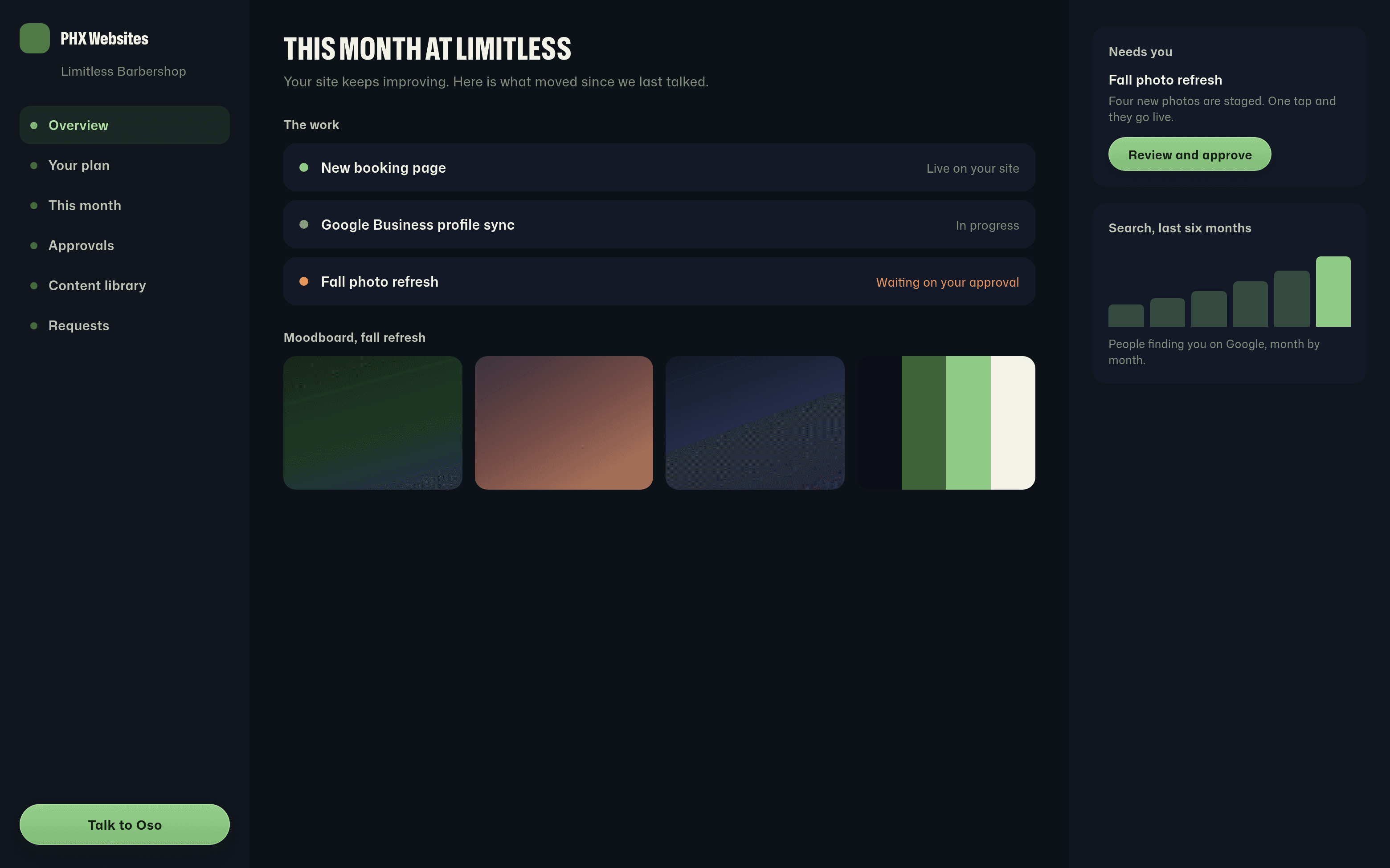 PHX client dashboard, Overview tab: work rows, approvals, search trend
