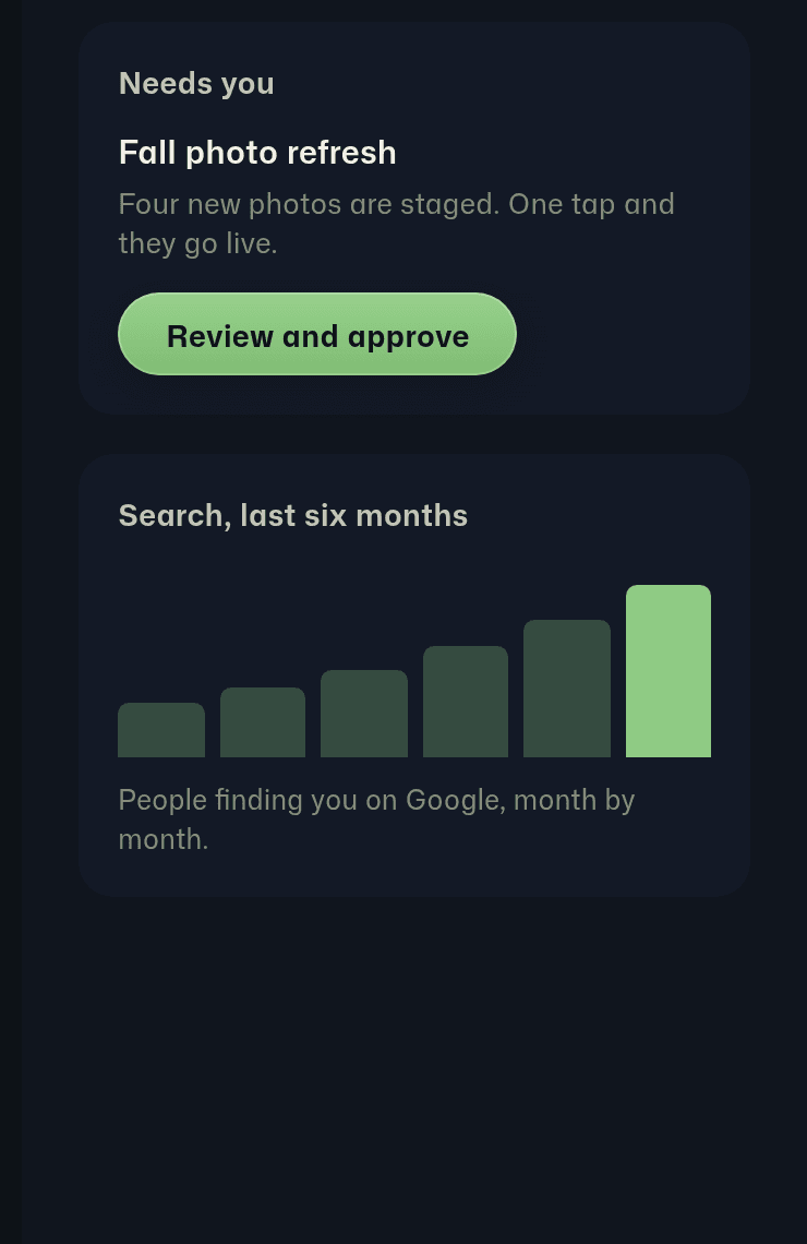 PHX client dashboard on mobile, approval card