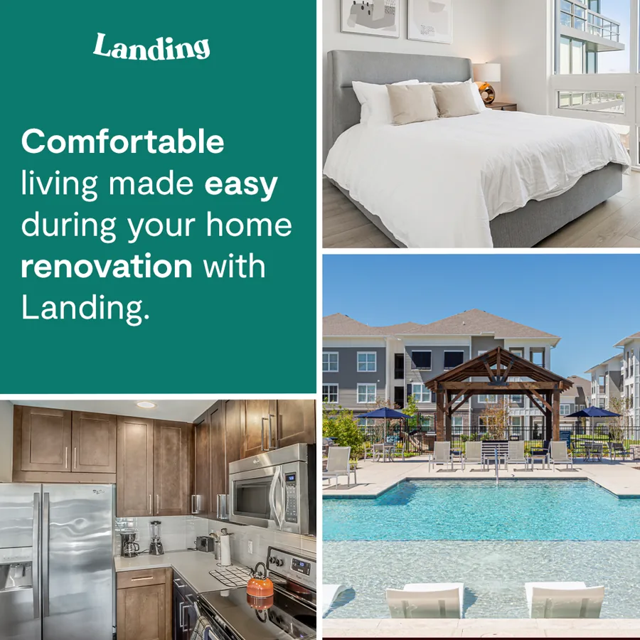 A square ad: a green panel with the logo and a line about comfortable living during your home renovation, beside photos of a bedroom, kitchen and pool.