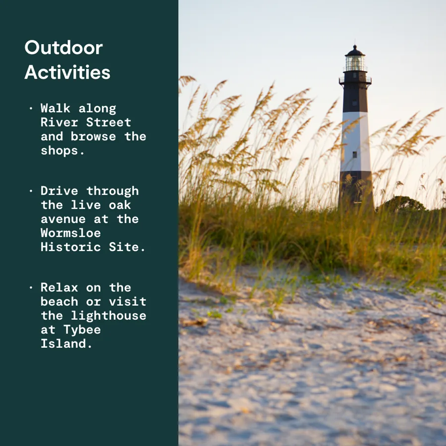 A square ad: a dark green panel titled "Outdoor activities" with three bullet ideas, beside a striped lighthouse behind beach grass.