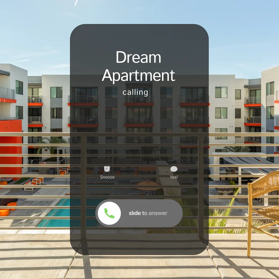 A square ad styled as a phone call screen reading "Dream Apartment calling", over a straight on balcony view of an apartment block and its pool.