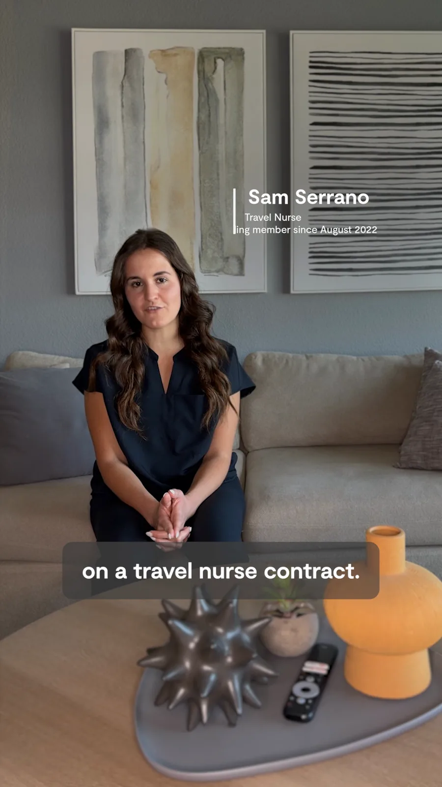 A tall video still: a travel nurse sits on a sofa and speaks to camera, her name and role in a small title, a caption about a travel nurse contract.