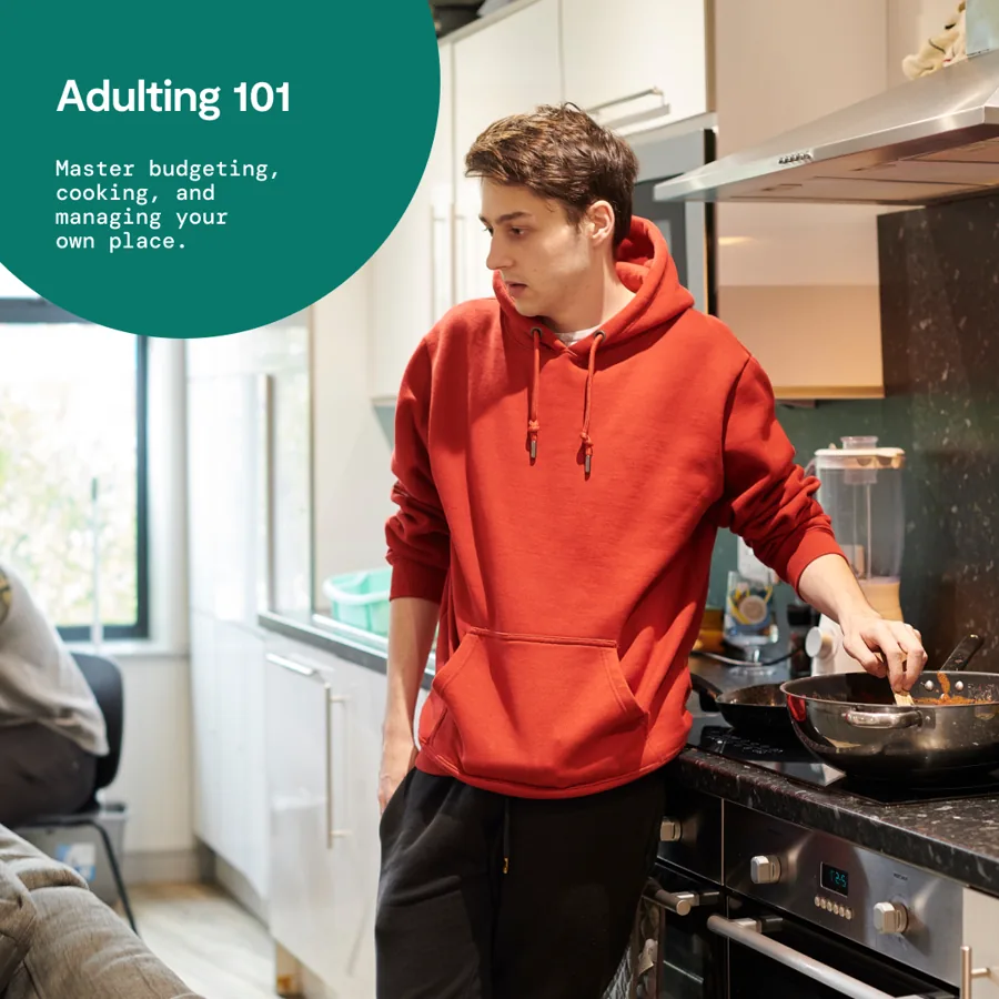 A square ad: a young man in a red hoodie cooks at a kitchen stove, a green circle titled "Adulting 101" with a line about budgeting and cooking.