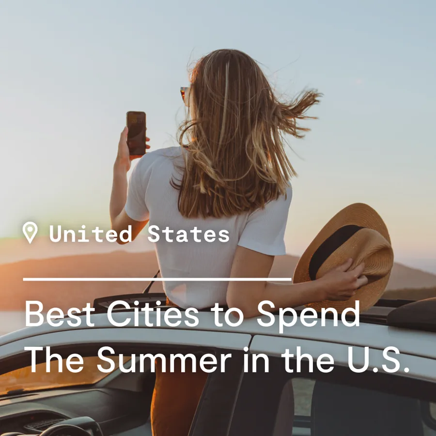 A square ad: a woman leans out of a car window with a sun hat and her phone at sunset, the headline "Best cities to spend the summer" in white.