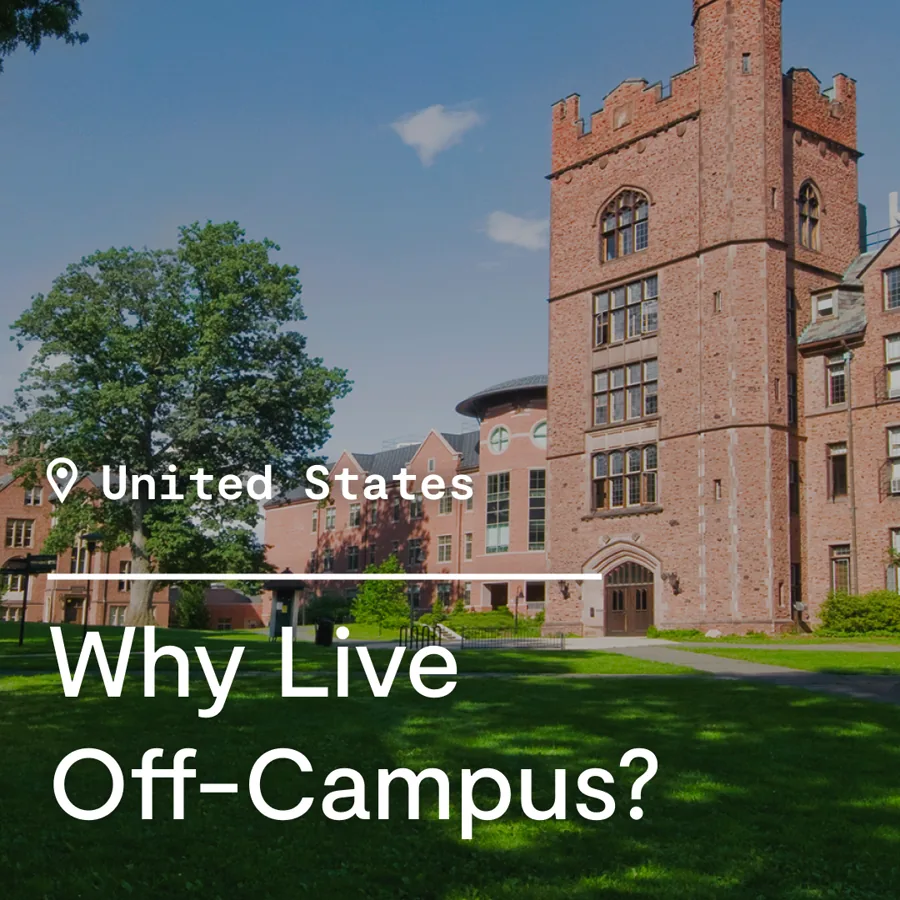 A square ad: a red brick college tower behind green lawns and trees, the headline asking why students should live off campus.