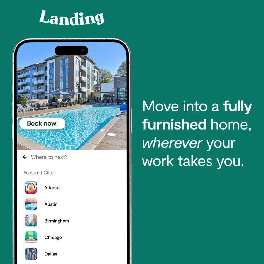 A square ad on green: the logo, a phone showing an apartment pool listing and a city list, and the line about a furnished home wherever work takes you.