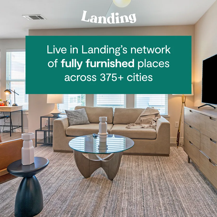 A square ad over a furnished living room: the logo and a green box about living in the brand's network of furnished places across hundreds of cities.