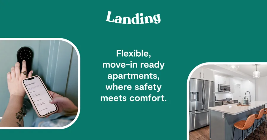 A wide banner on green: a hand opening a keypad lock with a phone, the logo and a line about safe, flexible, ready apartments, and a bright kitchen.