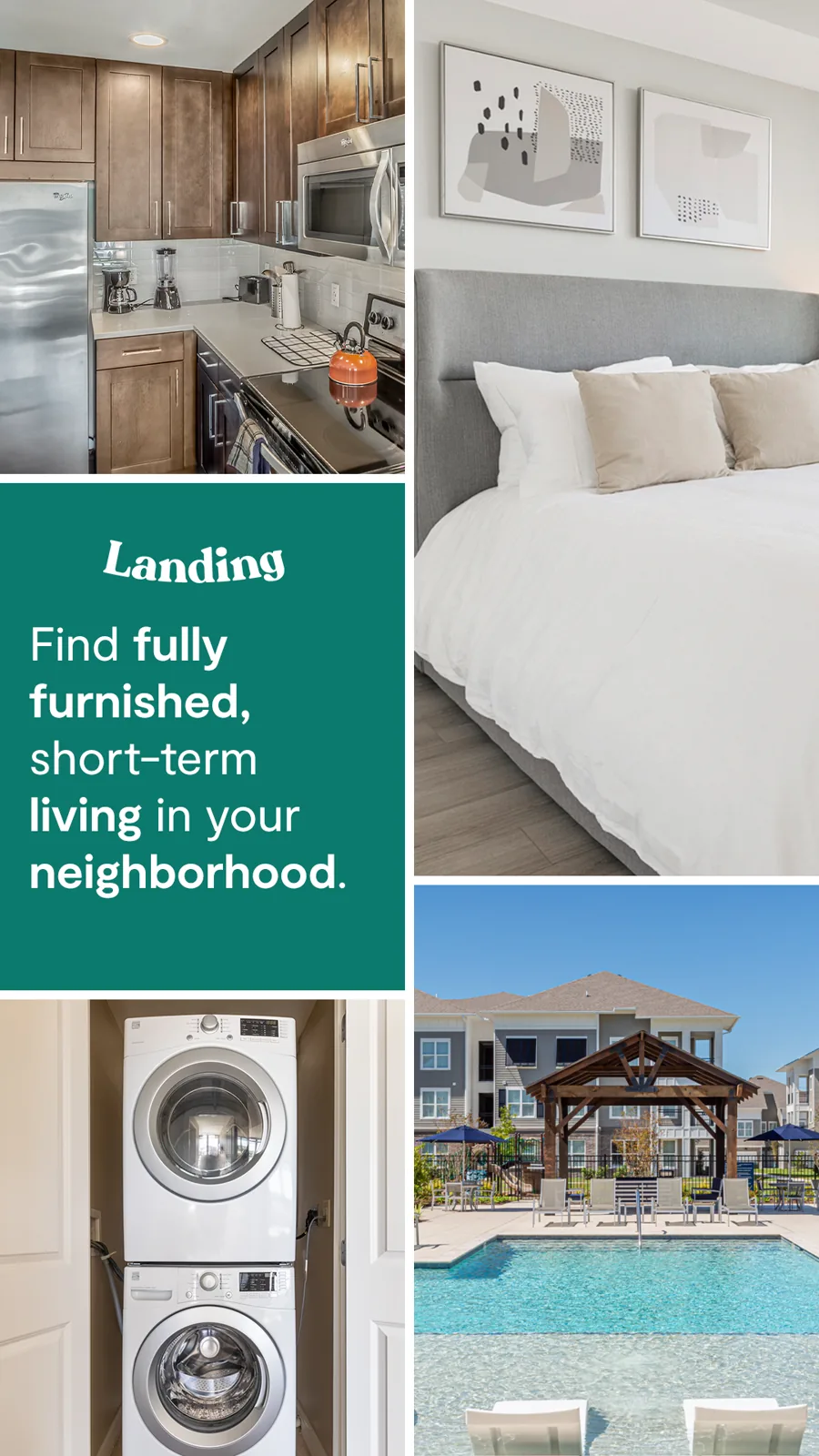 A tall collage ad: a green panel about furnished short term living in your neighborhood, framed by a kitchen, a bed, a washer and dryer and a pool.