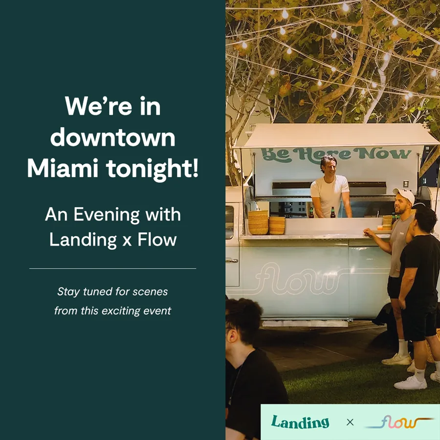 A square event ad: a dark green panel announcing an evening downtown tonight, beside guests at a vintage food truck under string lights.