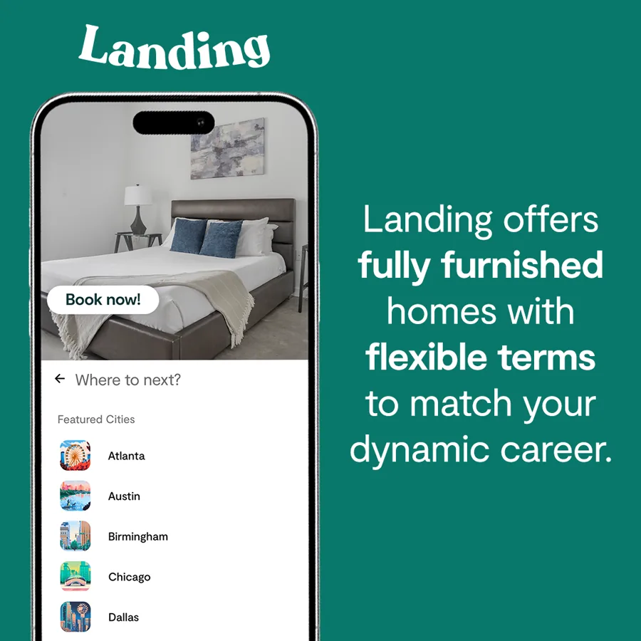 A square ad on green: the logo, a phone showing a bedroom listing and a city list, and a line about furnished homes with flexible terms for your career.