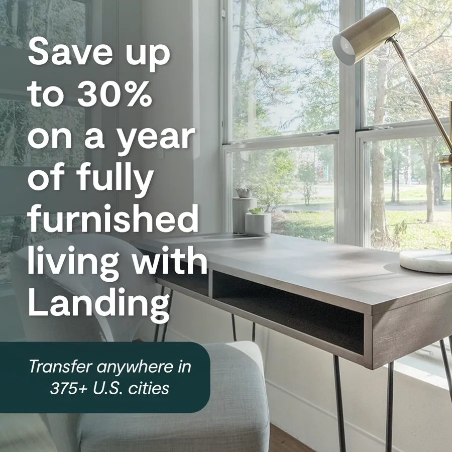 A square ad over a sunlit desk by a window: a stacked headline about saving up to 30 percent on a furnished year, a transfer note in a dark tab.