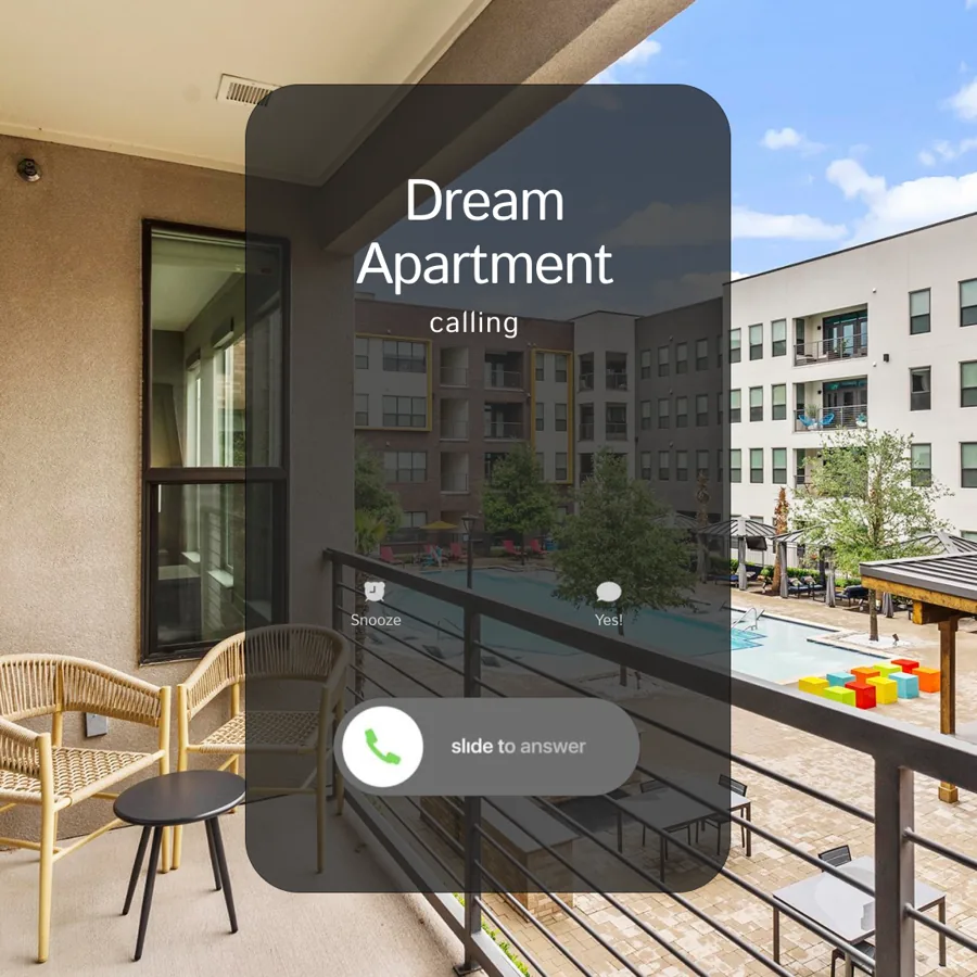 A square ad styled as a phone call screen reading "Dream Apartment calling", set over a balcony view of an apartment pool courtyard.