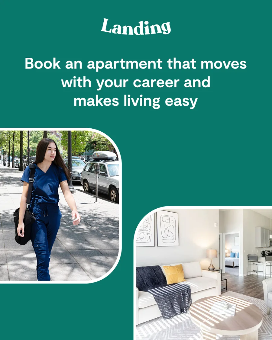 A square ad on green: the logo, a line about an apartment that moves with your career and makes living easy, a nurse walking and a sunny living room below.
