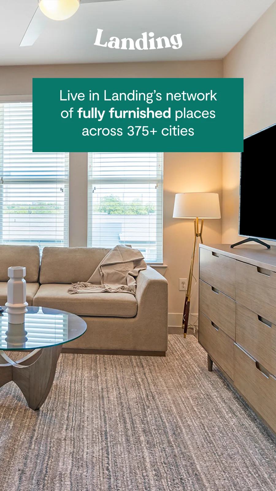 A tall ad over a furnished living room with a glass coffee table: the logo and a green box about the network of furnished places in hundreds of cities.