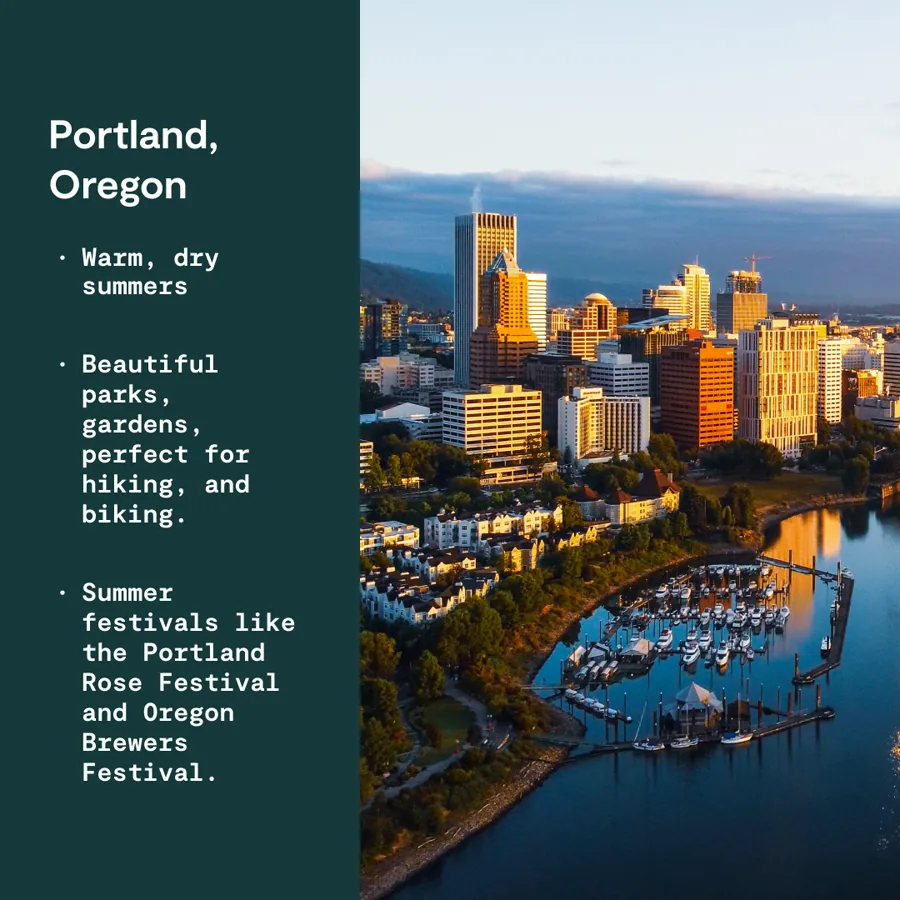 A square ad: a dark green panel with the city's name and three bullet reasons to spend summer there, beside an aerial skyline over a river marina.