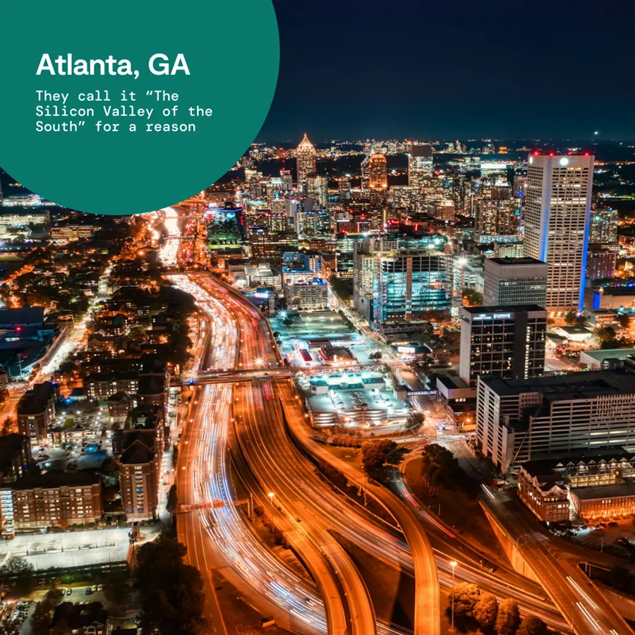 A square ad: an aerial night view of a downtown with glowing highways, a green circle in the corner naming the city with a short line about its tech scene.