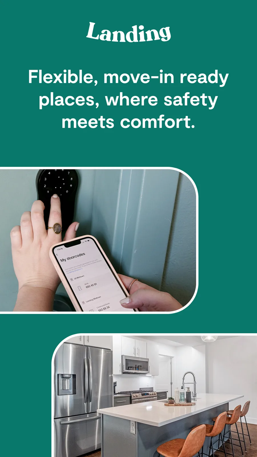 A tall ad on green: the logo and the line "Flexible, move in ready places, where safety meets comfort.", a phone opening a door lock and a kitchen below.
