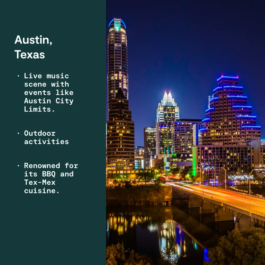 A square ad: a dark green panel with the city's name and three bullets on music, the outdoors and food, beside a lit night skyline on a river.