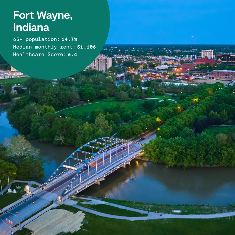 A square ad: an aerial view of a river, an arched bridge and a small skyline at dusk, a green circle with the town's name and three retirement figures.