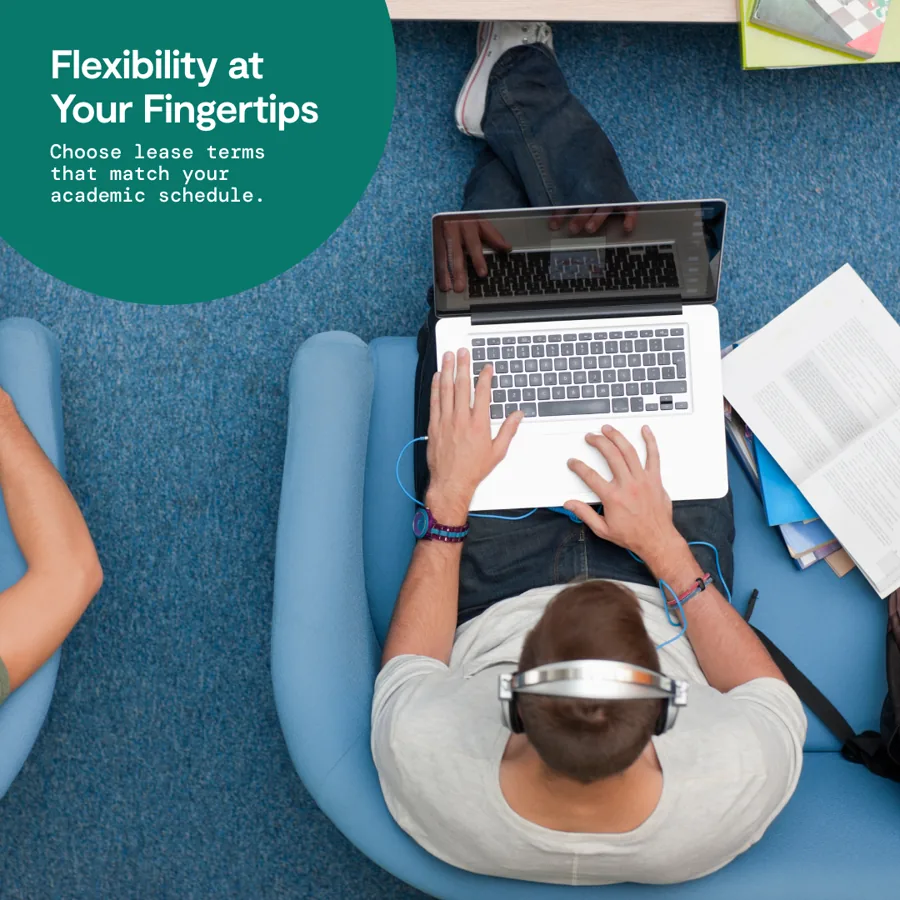 A square ad: an overhead view of a student with headphones on a laptop in a blue chair, a green circle titled "Flexibility at your fingertips".