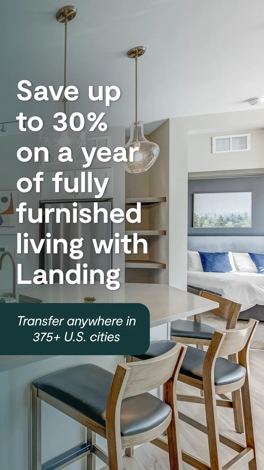 A tall ad over a kitchen counter with stools and a bedroom beyond: the headline about saving up to 30 percent on a furnished year, a transfer note.