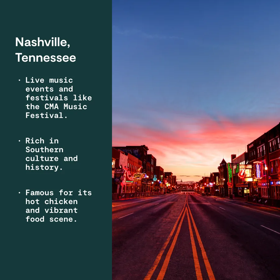 A square ad: a dark green panel with the city's name and three bullets on music, culture and food, beside a neon lit main street at sunset.