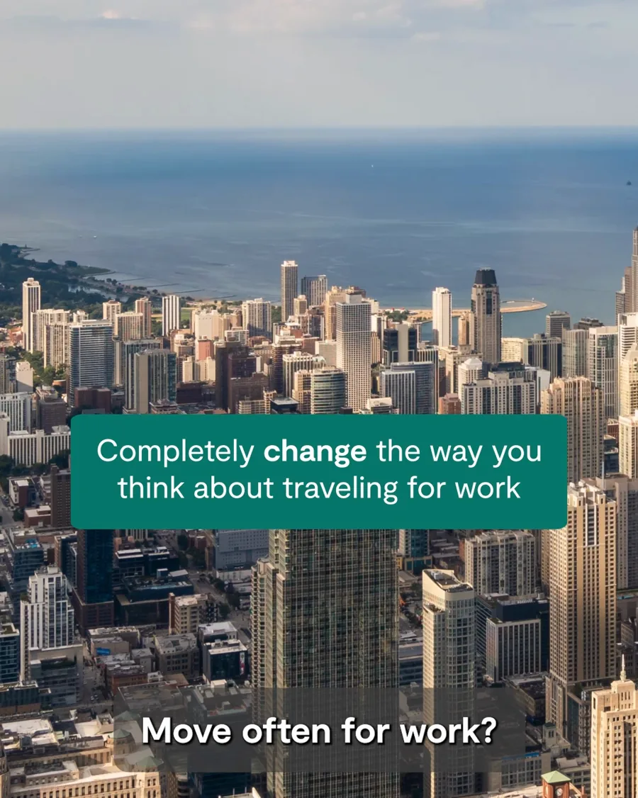 A video still: an aerial city skyline on a lake, a green caption about changing the way you think about traveling for work, and "Move often for work?"