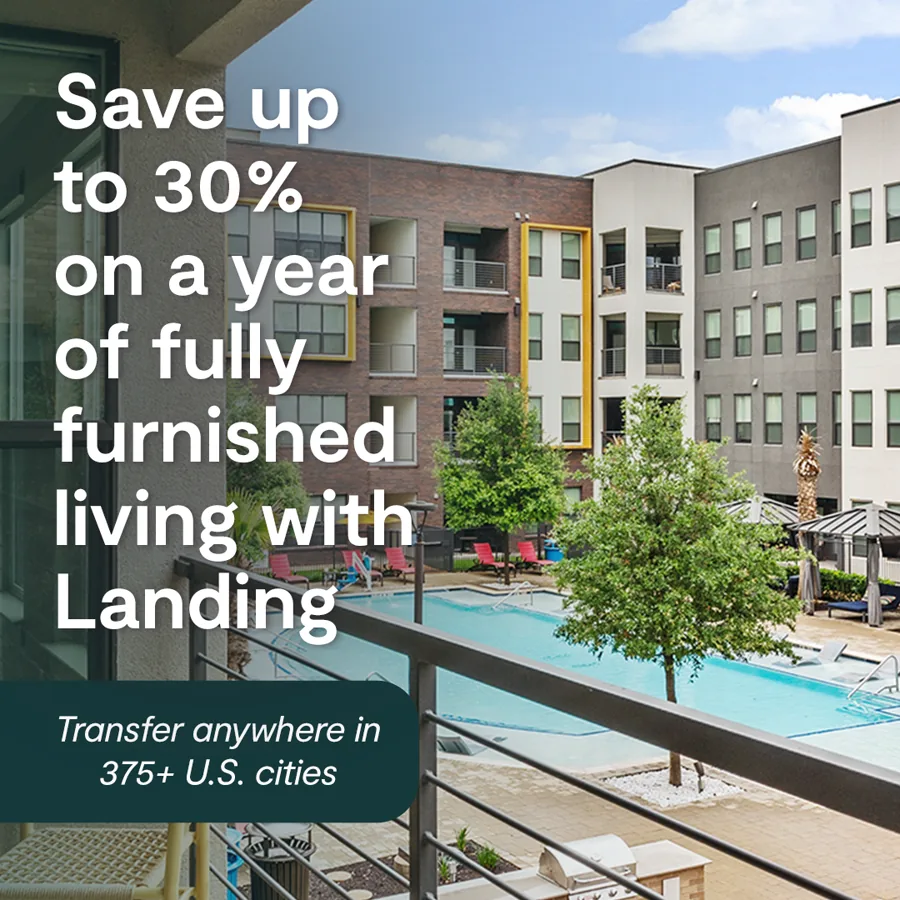 A square ad over a balcony view of an apartment pool courtyard: a stacked headline about saving up to 30 percent on a furnished year, a transfer note below.