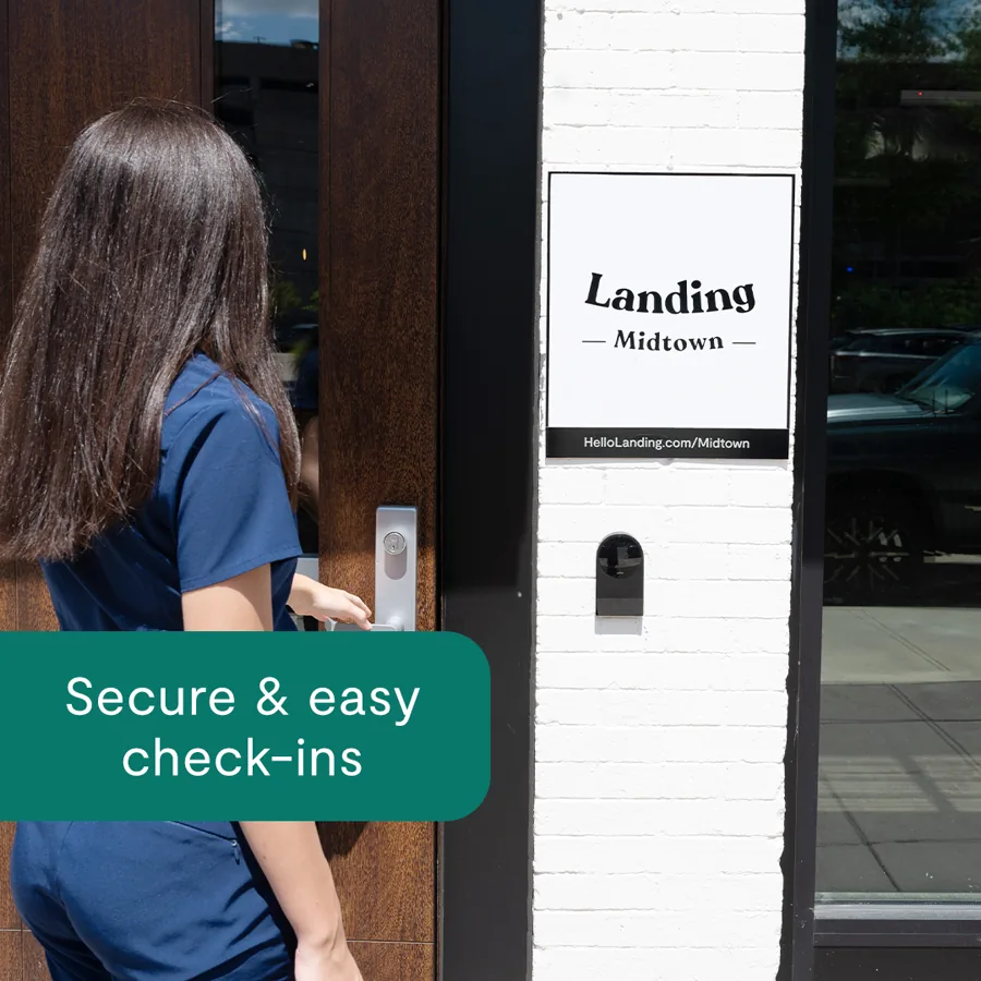 A square ad: a nurse in scrubs opens a building door with a keypad lock, the logo sign on the wall, a green tab reading "Secure and easy check ins".