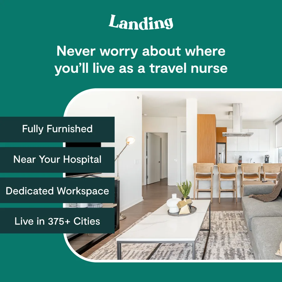 A square ad on green: the logo, a line about never worrying where you'll live as a travel nurse, four short feature tabs beside a bright furnished flat.