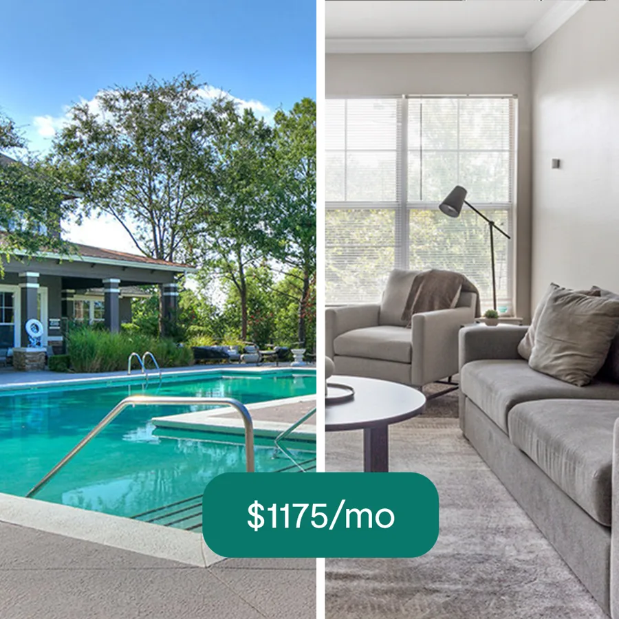 A square ad split in two: an apartment pool under oak trees beside a grey living room, a green tab with the monthly rent.