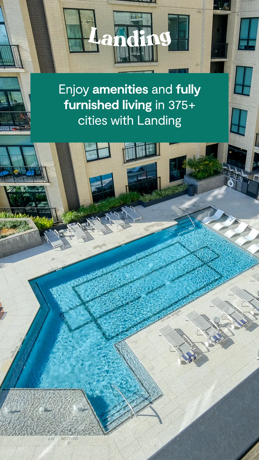 A tall ad: an overhead view of an apartment pool and loungers between brick buildings, the logo and a green box about amenities in hundreds of cities.