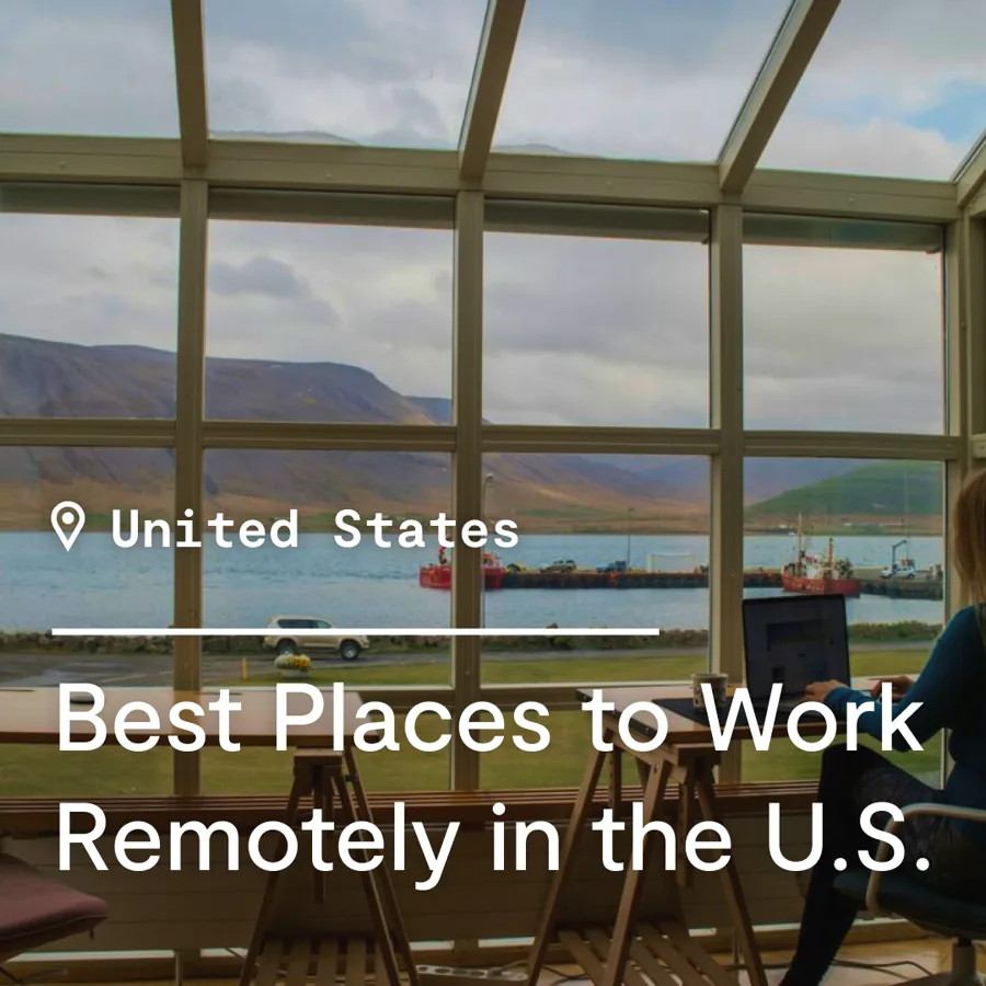 A square ad: a woman works at a laptop by tall windows over a harbor and hills, the headline "Best places to work remotely" set in white.