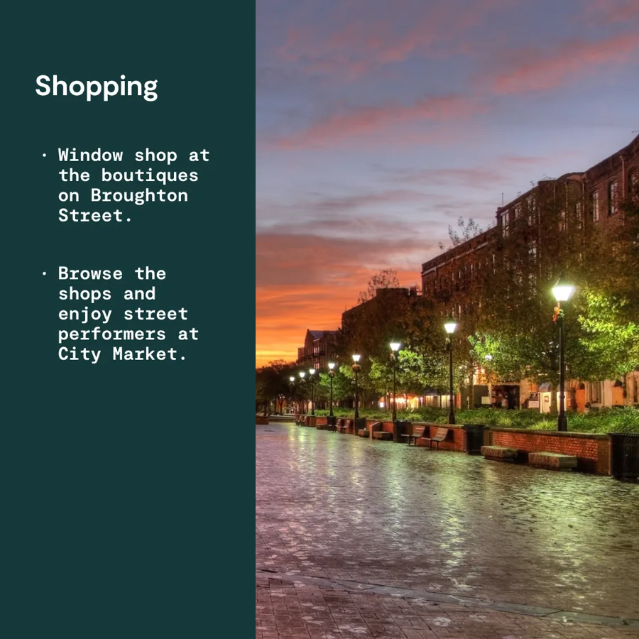 A square ad: a dark green panel titled "Shopping" with two bullet ideas, beside a lamplit brick street glowing at sunset.
