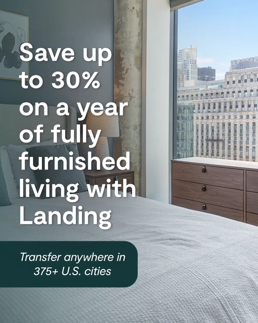 A square ad over a bedroom with a city window: a stacked headline about saving up to 30 percent on a furnished year, a transfer note below.