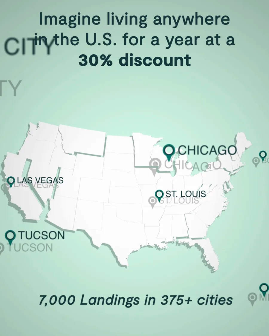 A video still on mint green: a map of the country with city pins and the headline about living anywhere for a year at a 30 percent discount.