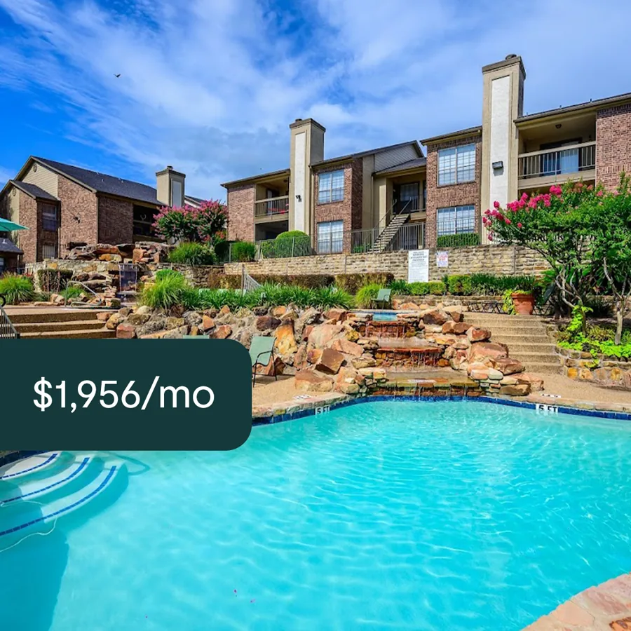 A square ad: a bright blue pool with a rock waterfall before brick apartment buildings, a dark tab with the monthly rent.
