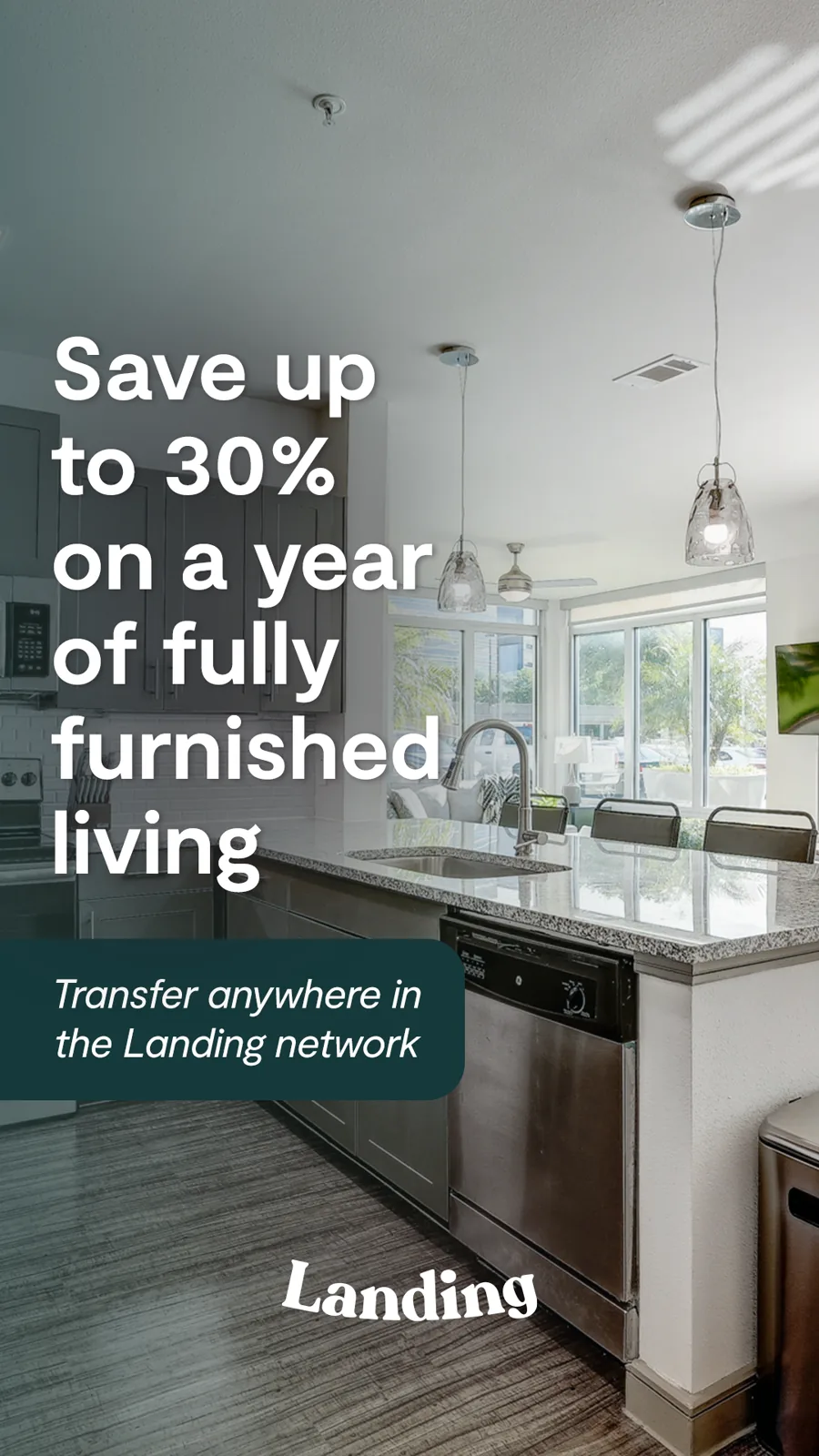 A tall ad over a bright furnished kitchen: a large headline about saving up to 30 percent on a year of furnished living, a transfer note, the logo below.