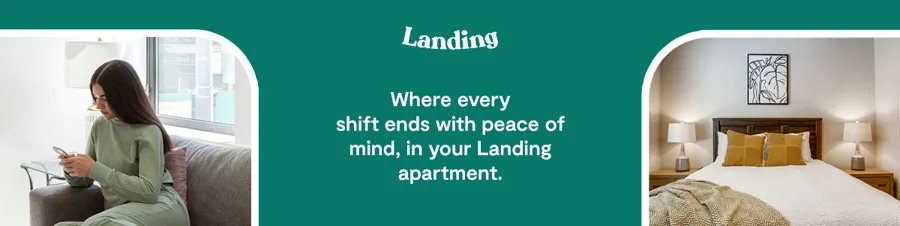 A wide banner on green: a woman on a sofa with her phone, the logo and a line about peace of mind after every shift, and a made bed in a rounded photo.
