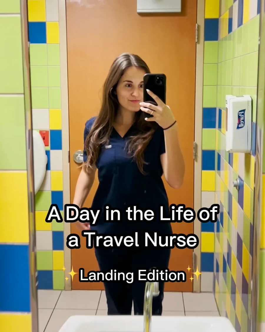A video still: a nurse takes a mirror selfie in a tiled hospital restroom, the caption "A day in the life of a travel nurse" with the brand's name below.