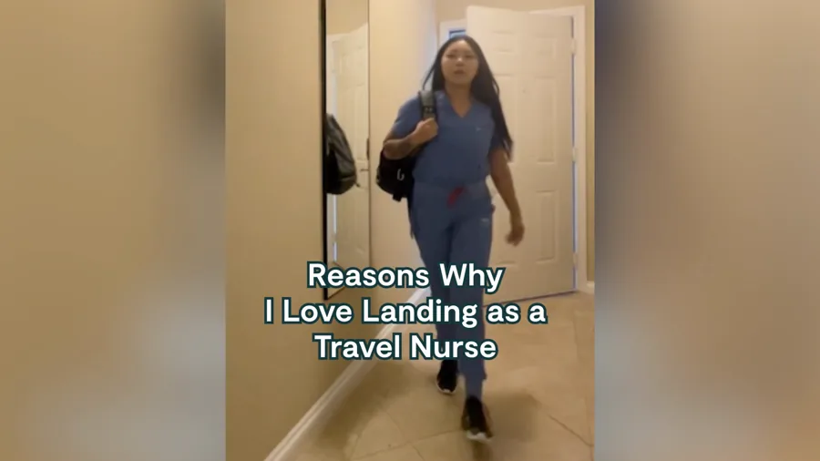 A wide video still with a blurred border: a nurse in scrubs walks out of an apartment doorway, a caption about why she loves the brand.