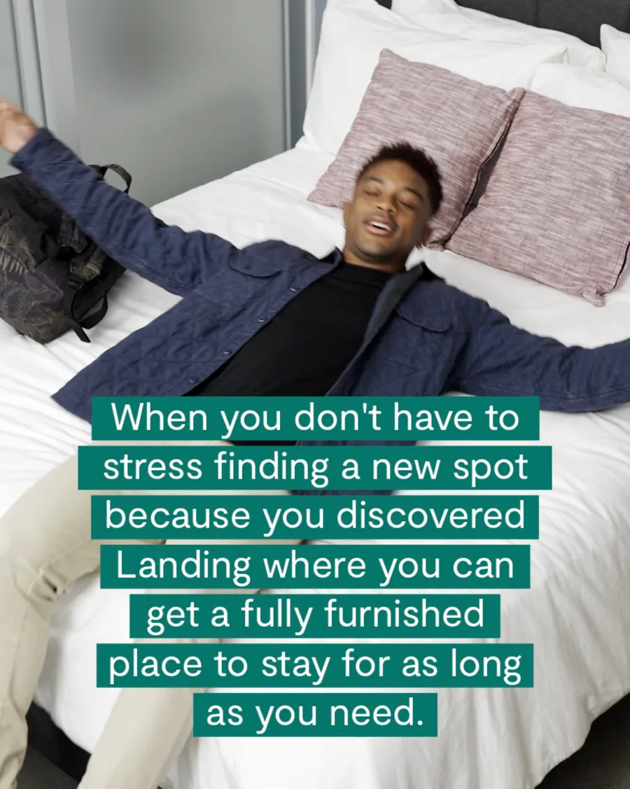 A video still: a young man throws himself back on a made bed, a caption in green bars about finding a fully furnished place to stay as long as you need.