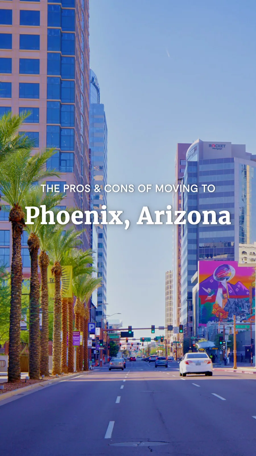 A tall video still: a sunny downtown street lined with palms and towers, a title about the pros and cons of moving to the city.
